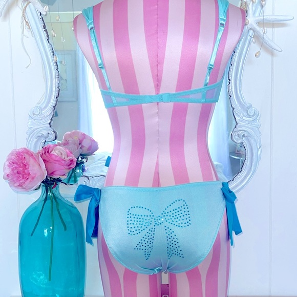 VS 2 PC Bride Tiffany Blue Wedding Demi Lined Bra Bling Bow Panties - Picture 2 of 9